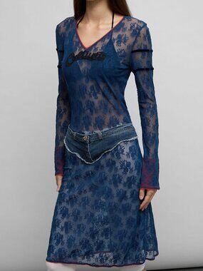 Cultura sheer navy blue lace midi dress with stretchy distressed denim belt
